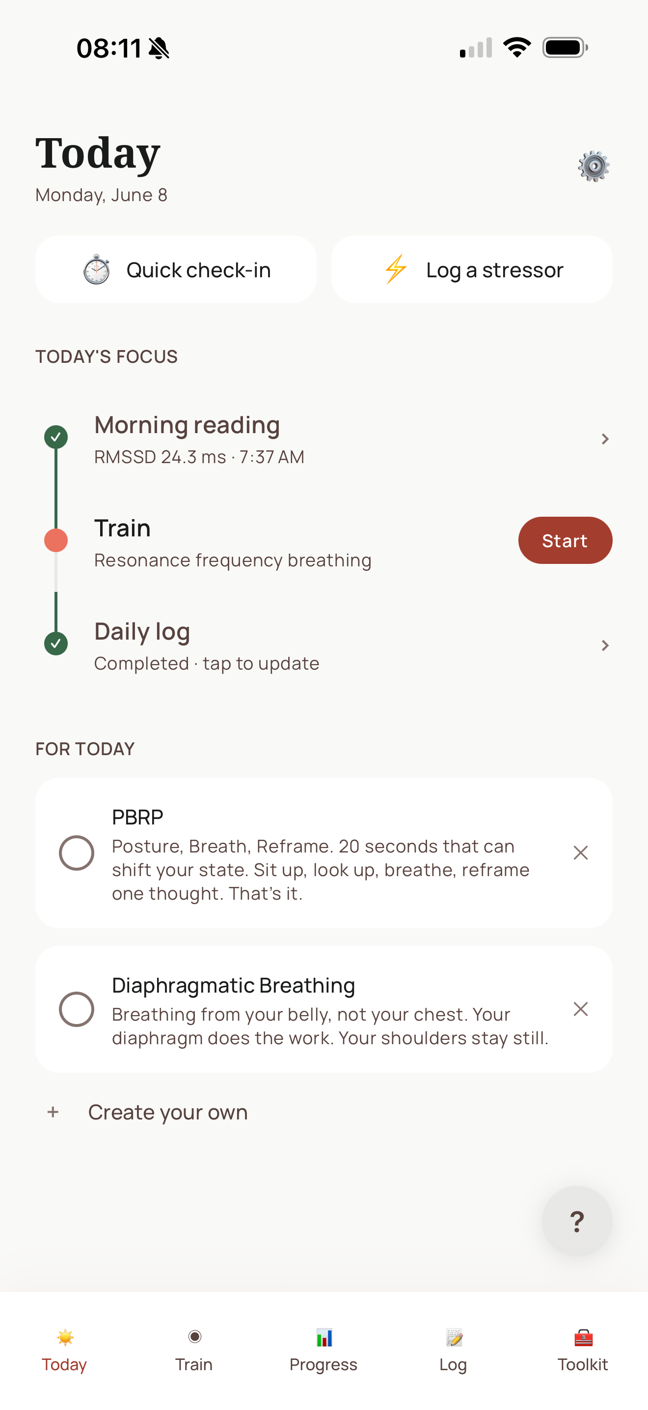 Die App zeigt den Tagesplan: Morgenmessung, Training und Tagesprotokoll