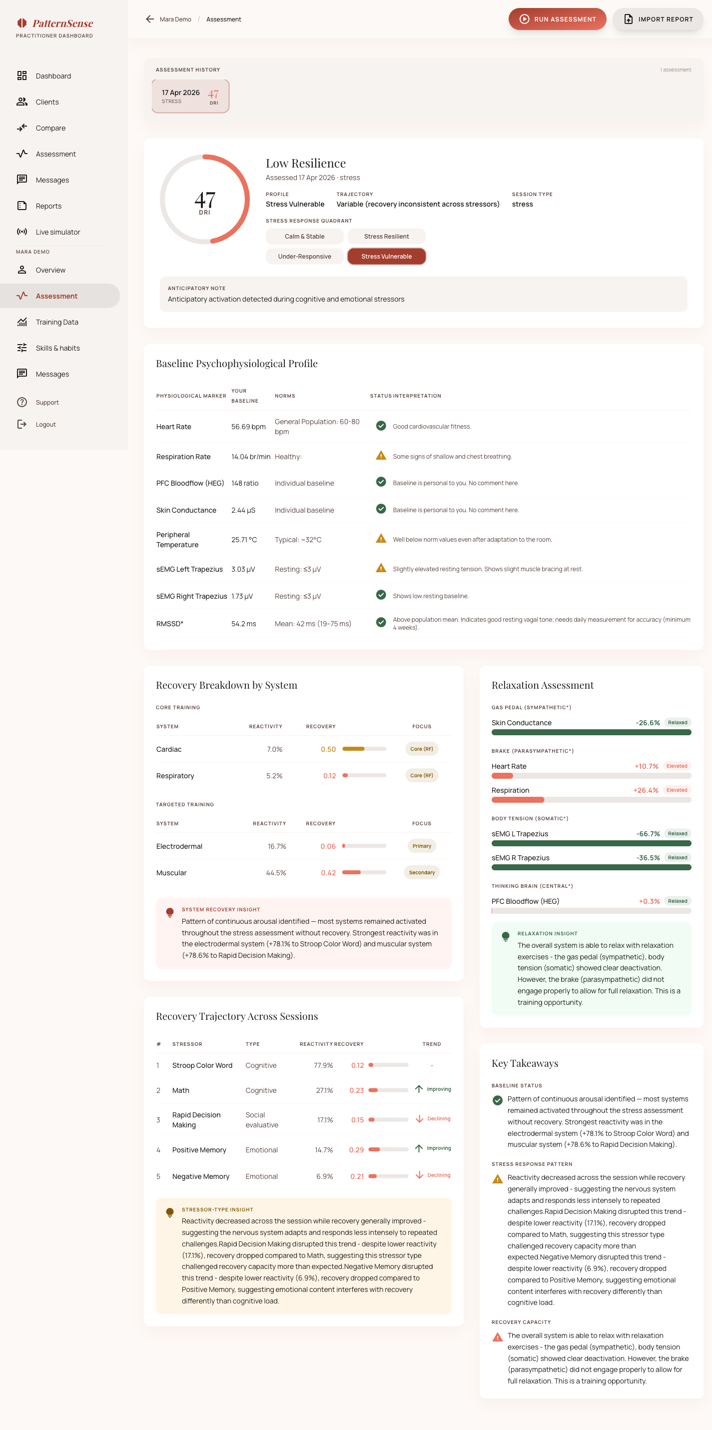 Beispiel-Assessment im Dashboard: Resilienz-Score, psychophysiologisches Profil und Erholung nach System